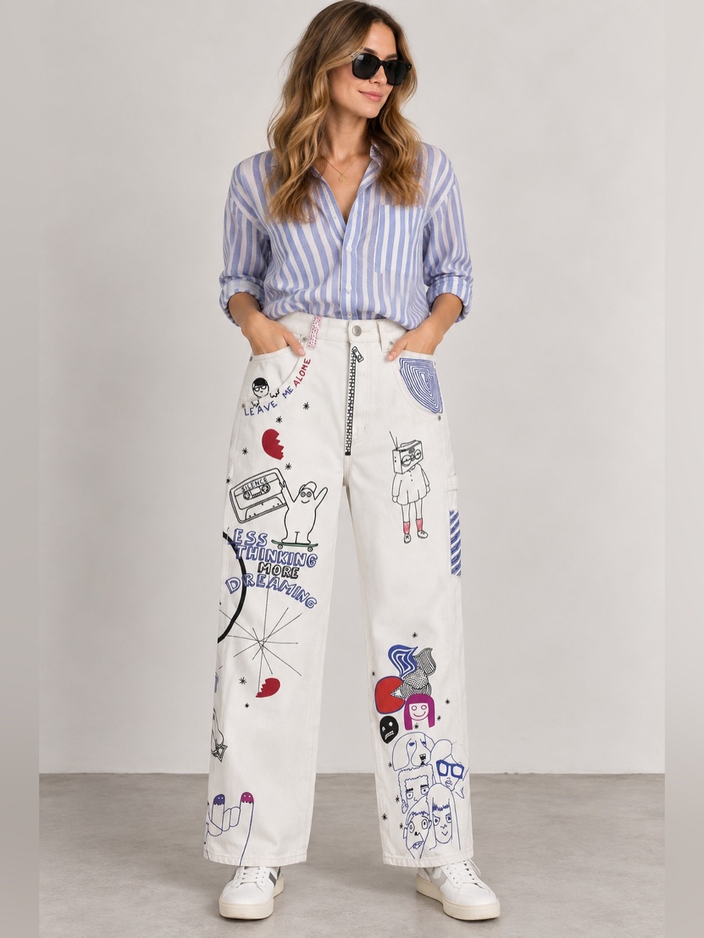 BDG Urban Outfitters High Rise Doodle Carpenter Jeans Ivory Graphic Wide Leg 27
